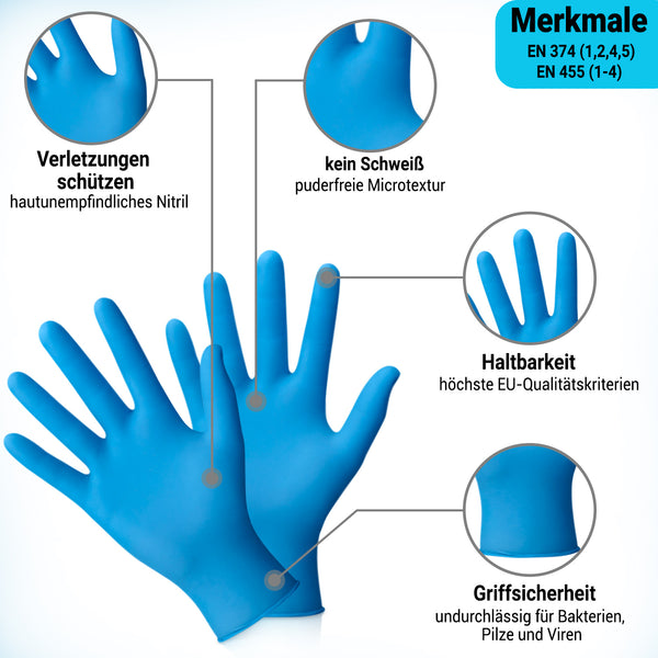 medizinische Nitril-Einweghandschuhe EN 374/455 blau puderfrei unsteril M L XL