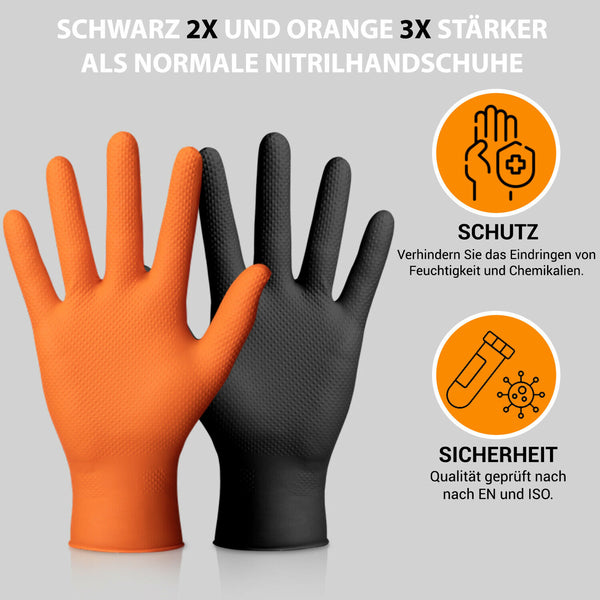 extrem starke Nitril-Einweghandschuhe mit Grip in Orange & Schwarz M L XL