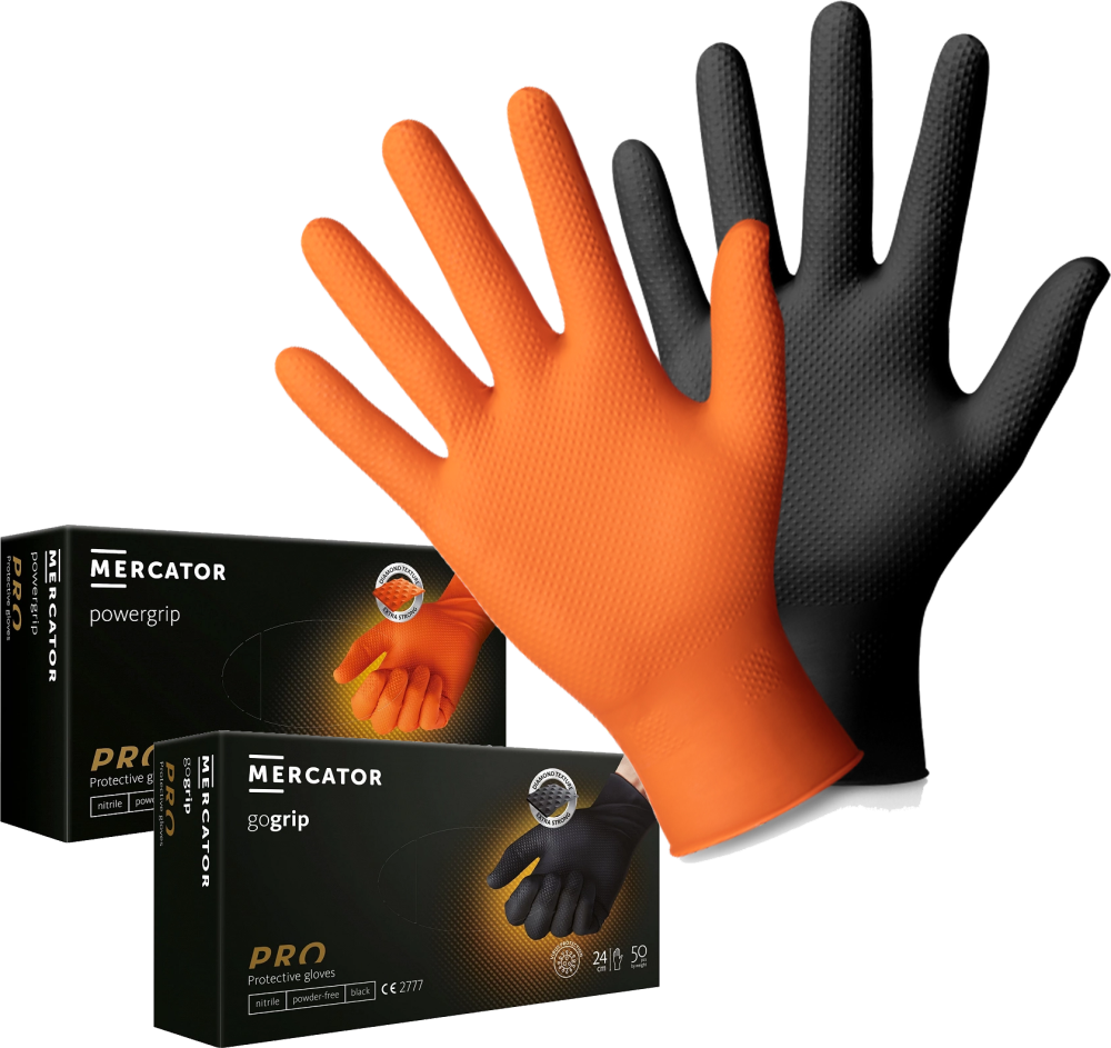 extrem starke Nitril-Einweghandschuhe mit Grip in Orange & Schwarz M L XL